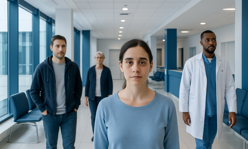 Diverse group of patients and doctor in hospital corridor.