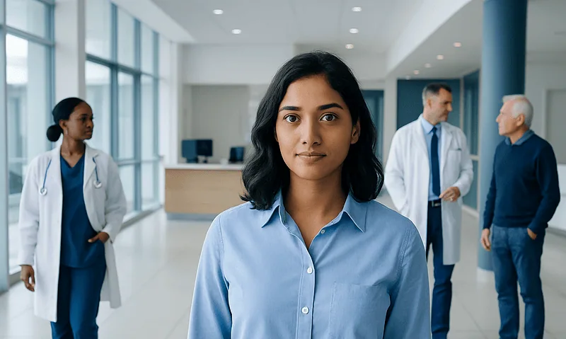 Young female healthcare professional in hospital corridor with medical staff in background.