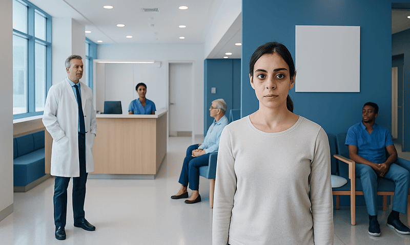 Young woman in a hospital waiting area with medical staff and patients.