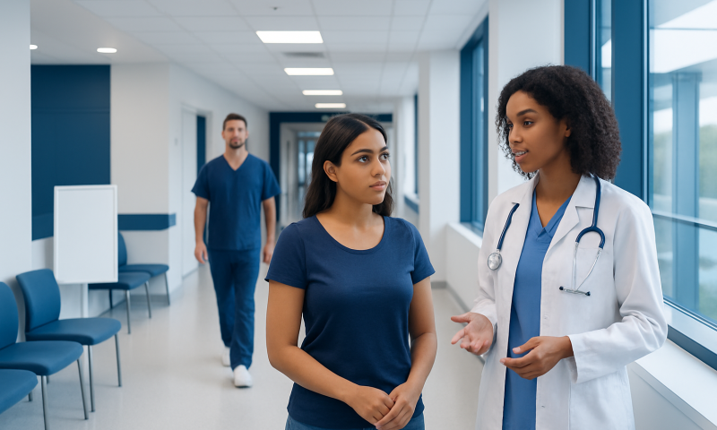 Doctor consulting patient in hospital corridor for skin concerns.