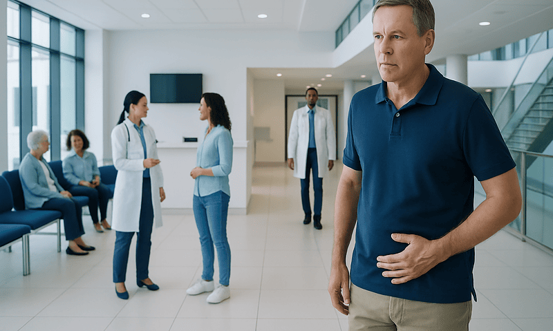 Man experiencing abdominal discomfort in a hospital lobby.