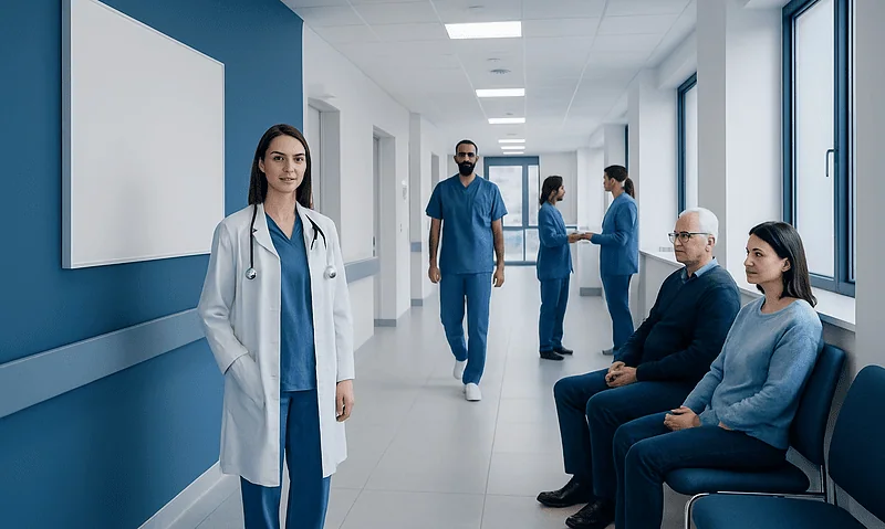 Healthcare professionals and patients in a modern hospital corridor.