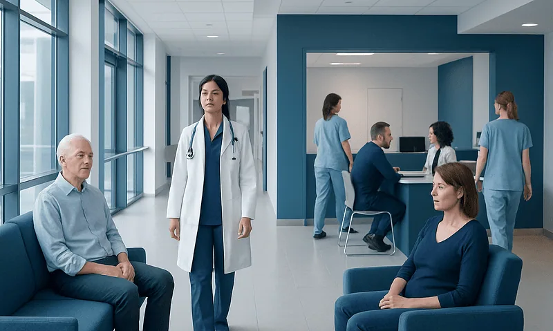 Medical consultation in a modern hospital waiting area with healthcare professionals and patients.