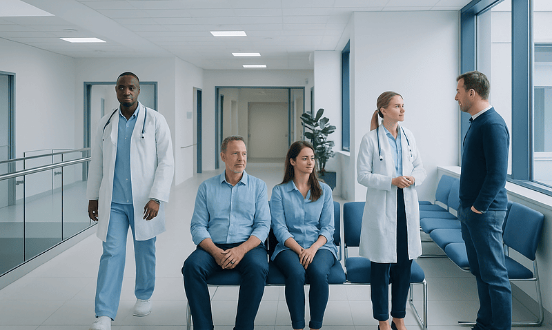 Medical team consulting patients in hospital corridor with seating area.