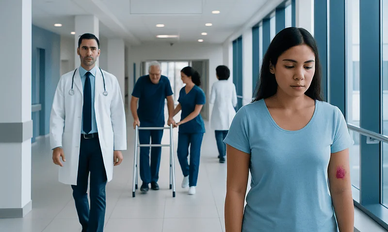 Young woman with a bandage on her arm in hospital corridor.