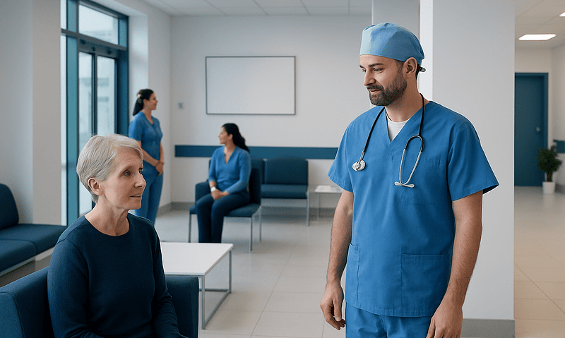 Doctor talking to elderly patient in hospital waiting area.