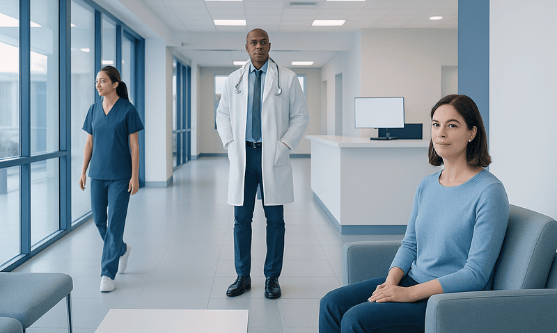 Medical professionals and patient in a hospital corridor.