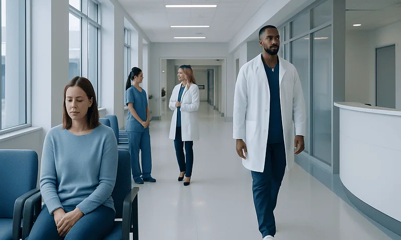 Medical staff and patient in a hospital corridor at Acibadem Hospitals Group.
