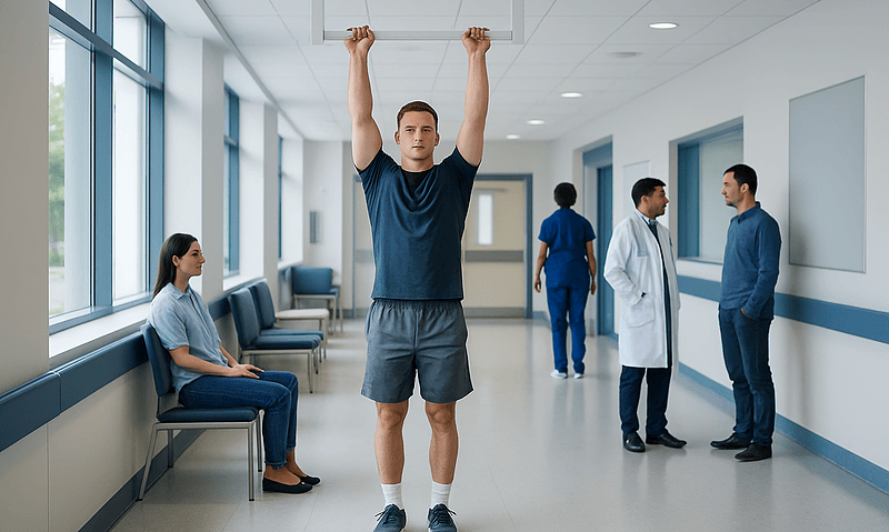 Young man performing dead hang exercise in hospital corridor.