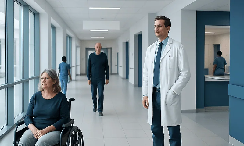 Healthcare professionals and patient in hospital corridor at Acibadem Hospitals Group.