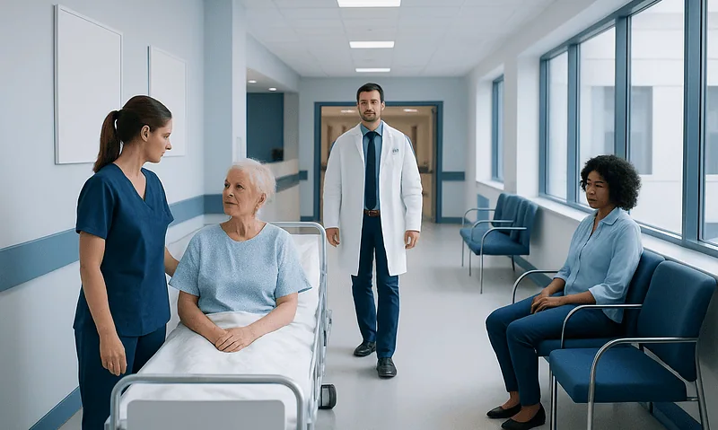 Hospital staff attending to elderly patient in a modern hospital corridor.
