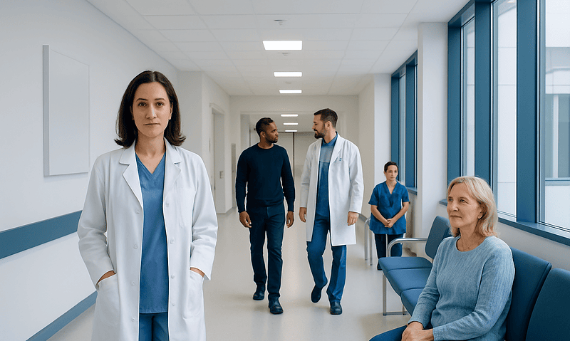 Medical professionals and patient in hospital corridor at Acibadem Hospitals Group.