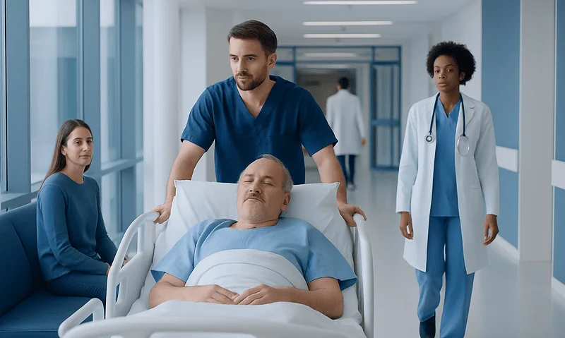 Hospital staff caring for a patient in a modern medical facility.