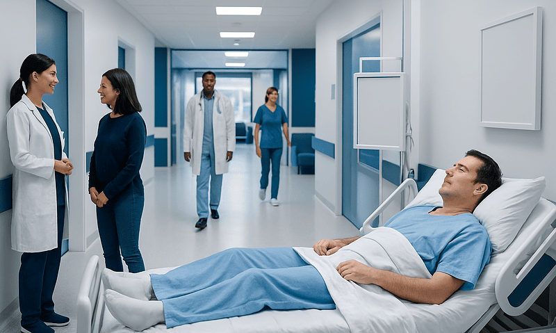 Hospital corridor with patient and medical staff in a modern healthcare facility.
