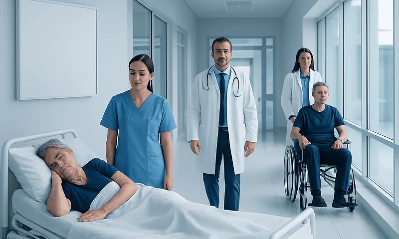 Medical team monitoring a patient with decubitus in hospital bed.