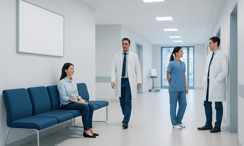 Medical professionals and patient in hospital corridor at Acibadem Hospitals Group.
