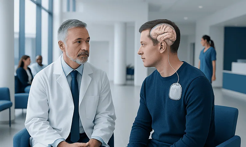 Doctor consulting with a patient with a brain implant in a hospital setting.