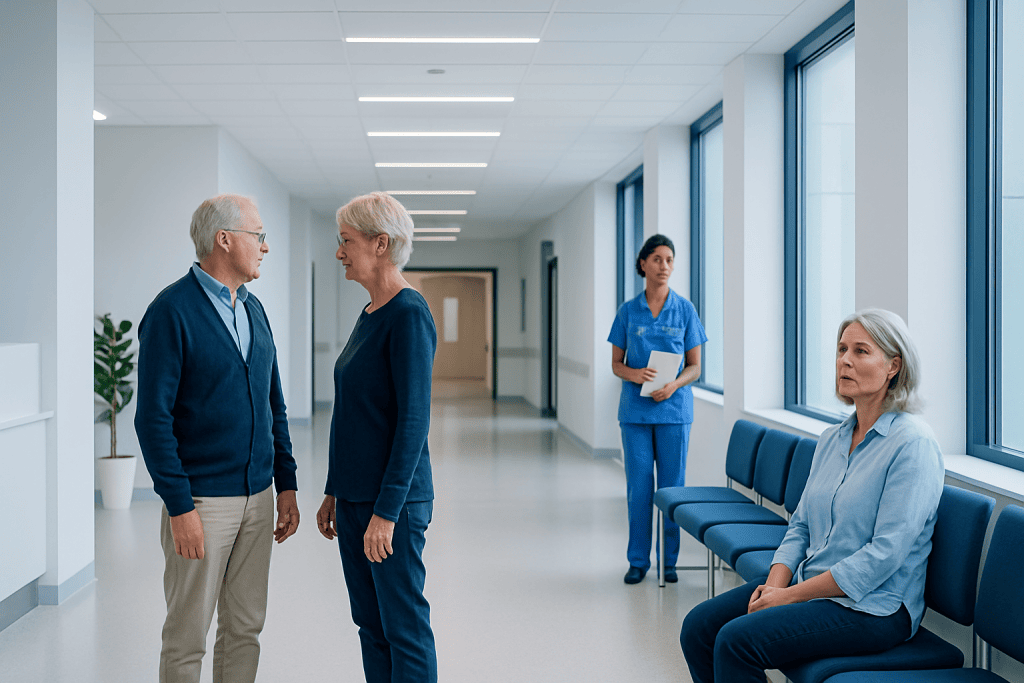 When Is Deep Brain Stimulation Not the Right Choice? 1 Patients and healthcare professionals in a hospital corridor.