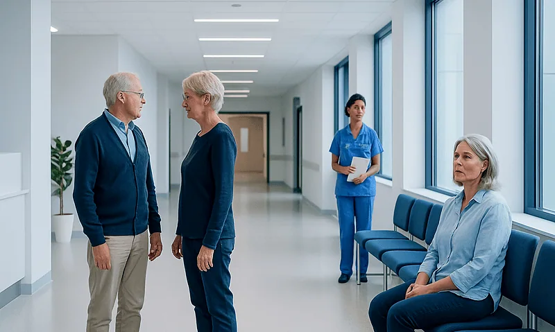 Patients and healthcare professionals in a hospital corridor.