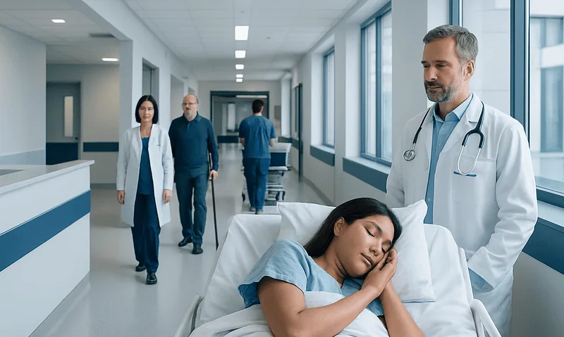 Young woman resting in hospital bed with medical staff and visitors nearby.