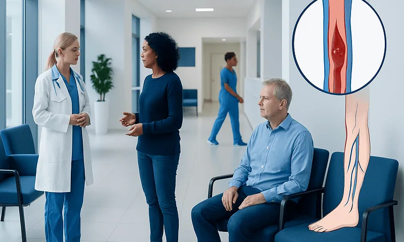 Doctor consulting with patient about deep vein thrombosis in hospital corridor.