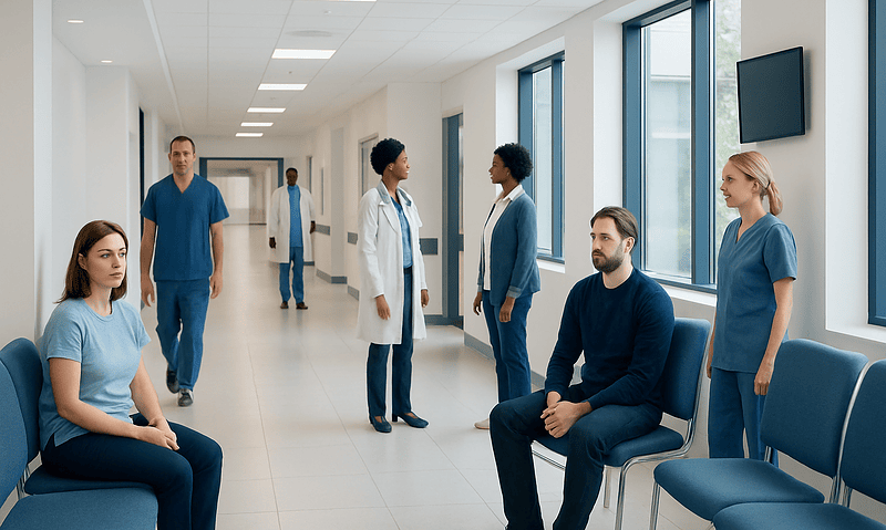 Hospital corridor with medical staff and patients in blue scrubs.