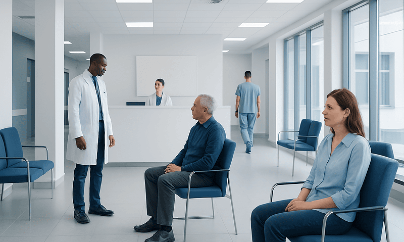 Doctor consulting with elderly patient in hospital waiting area.