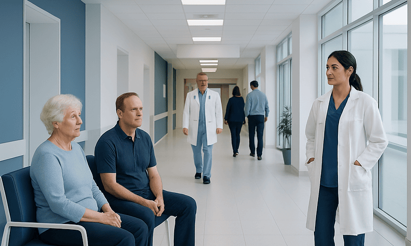 Doctor consulting elderly patient in hospital corridor.