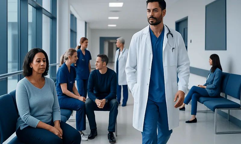 Medical team and patients in a hospital corridor at Acibadem Hospitals Group.