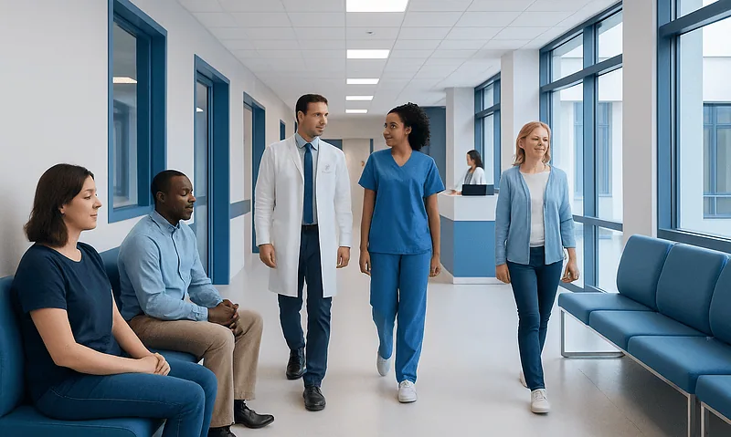 Healthcare professionals and patients in a hospital corridor.