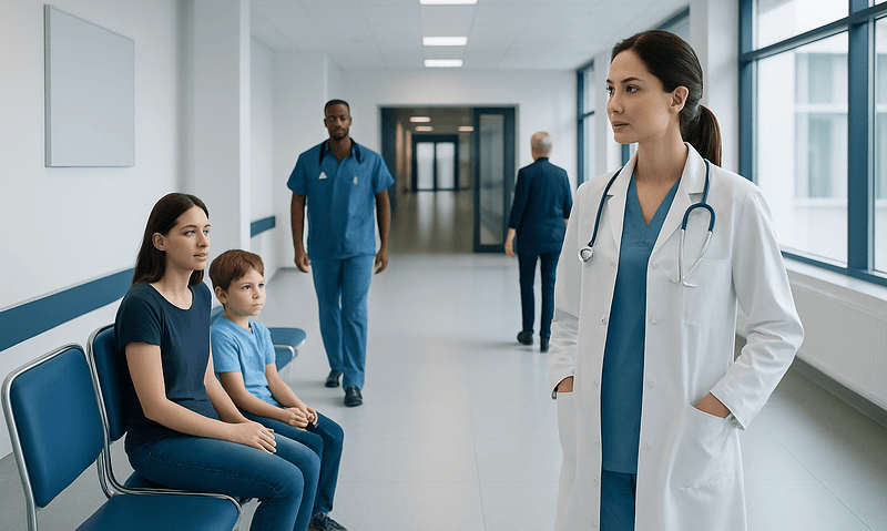 Healthcare professionals and patients in a hospital corridor.