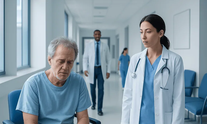 Hospital patient with medical staff in a clinical corridor.