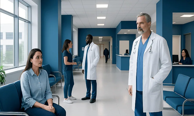 Medical staff and patient in a modern hospital corridor at Acibadem Hospitals Group.