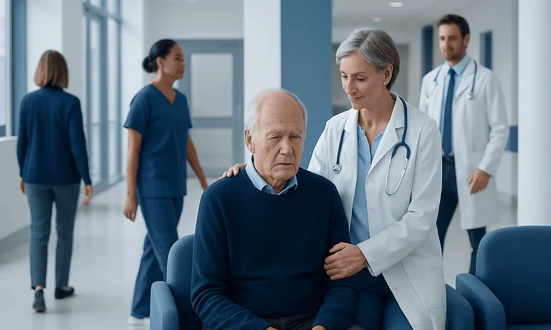 Elderly patient with healthcare professionals in hospital corridor.