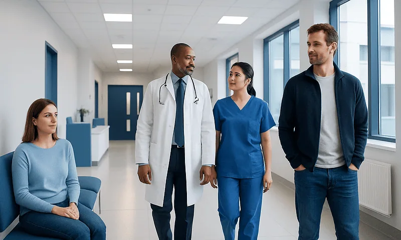 Medical team consulting with patient in hospital corridor.