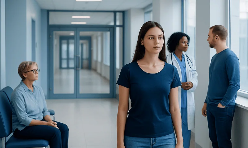 Demisexual: A Complete Medical Overview 2 Young woman waiting in hospital corridor with medical staff and patient.