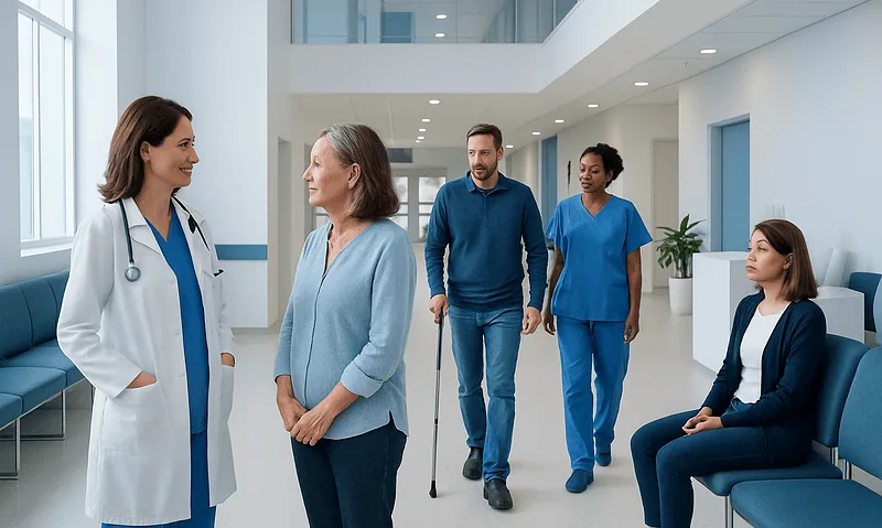 Demyelinating Disease: Early Signs, Risk Factors, and How It Is Treated 12 Medical team consulting with a patient in a hospital corridor.