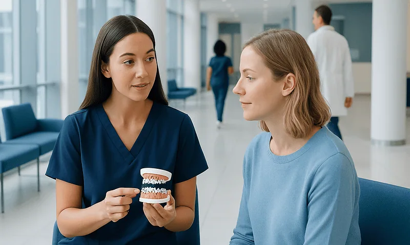 Dentist explaining dental bonding to a patient in a hospital corridor.