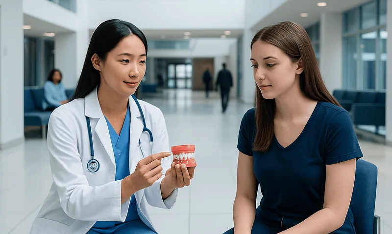 Dentist explaining dental braces elastics to a patient in a hospital lobby.