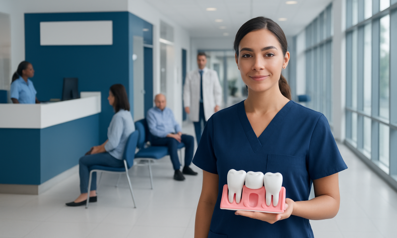 Dental professional holding a model of teeth in a hospital waiting area.