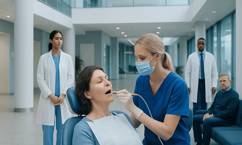 Dental examination at Acibadem Hospital with medical staff and patient.