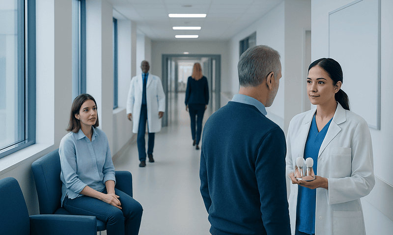 Medical consultation in a modern hospital corridor with healthcare professionals and patient.