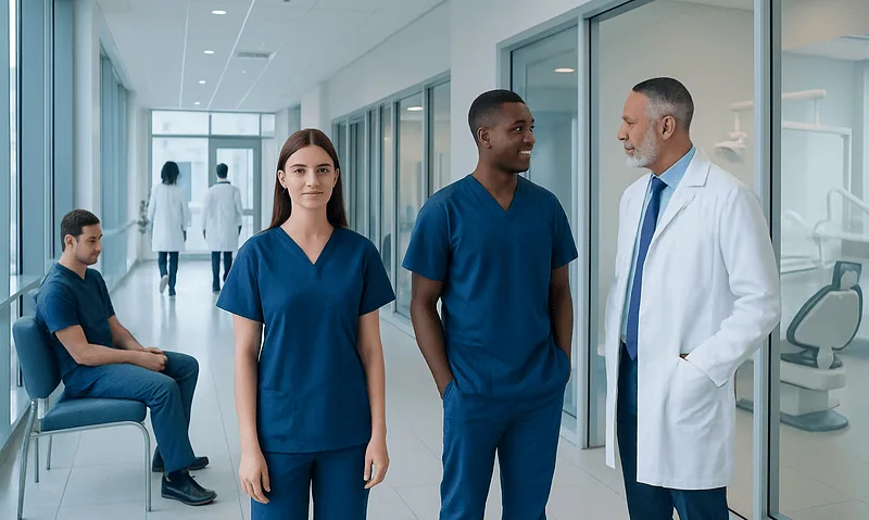 Medical professionals and students in a hospital corridor at Acibadem Hospitals Group.