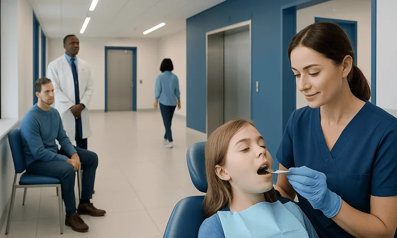 Pediatric dental check-up at Acibadem Hospital with a dentist and young patient.