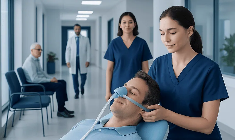 Dental sedation procedure at Acibadem Hospital with medical staff and patient.
