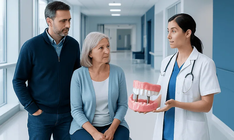 Dentist explaining denture implants to a senior woman with her son in hospital corridor.