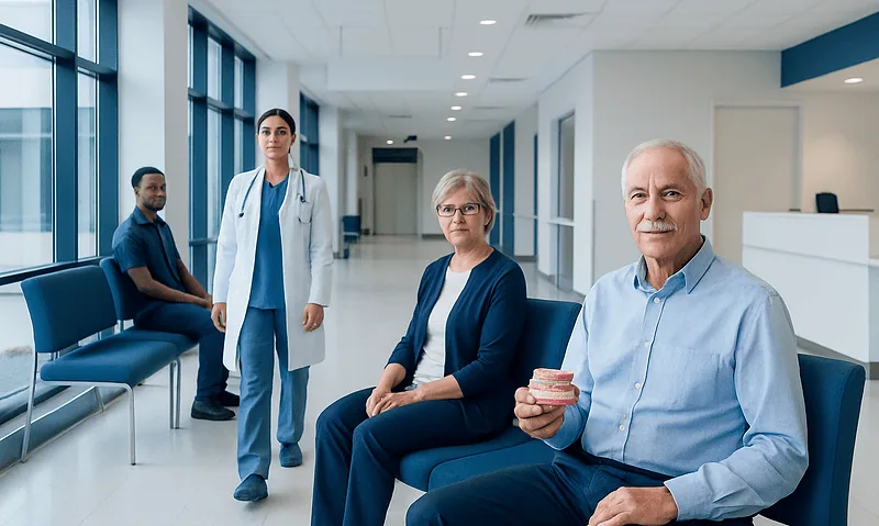 Patients and healthcare professional in a modern hospital waiting area.
