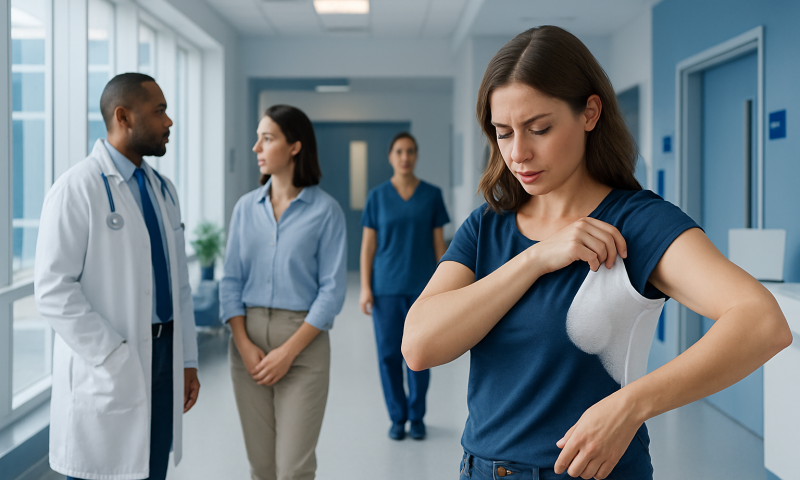 How Do You Take Out Deodorant Stains? Causes, Explanations, and Next Steps 16 Young woman with deodorant stain in hospital corridor.