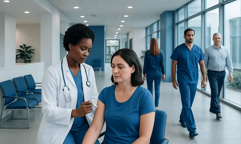 Nurse administering vaccine to patient in hospital corridor.