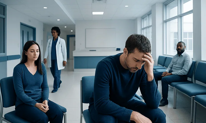 Man feeling distressed in a hospital waiting room with others present.